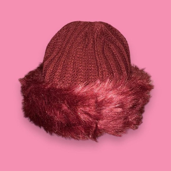 Whimsigoth Maroon Y2k Acrylic Blend Knitted Faux Fur Trim Beanie One Size - Picture 1 of 3